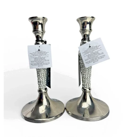 Tahari Home Set of 2 Silver Rhinestone Candle Holders Glam Decor - Picture 3 of 8